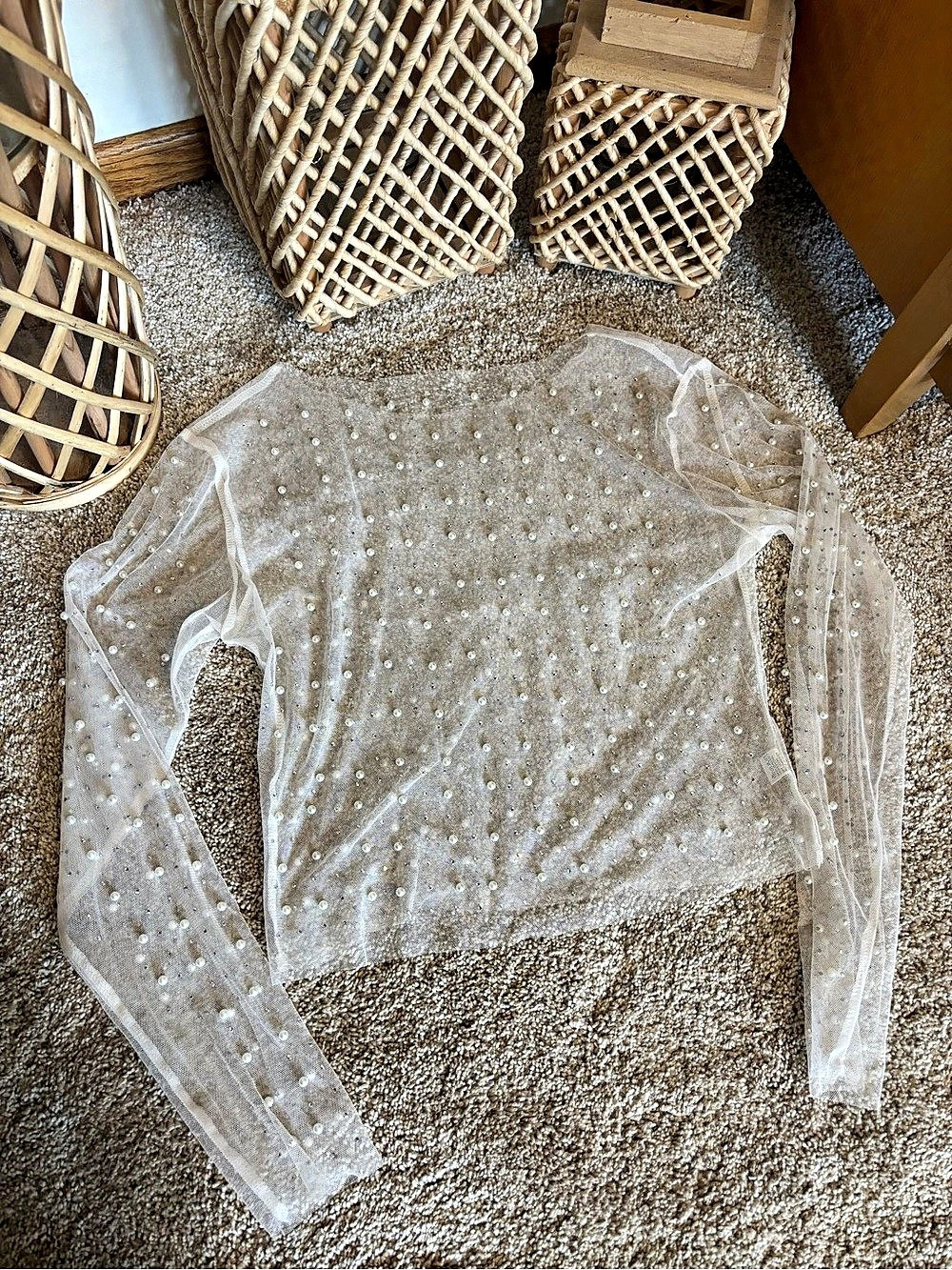 Sheer Beaded Long Sleeve Top in White Like New